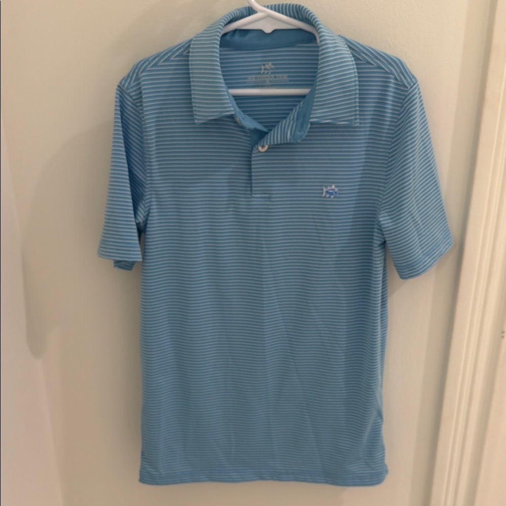 Southern Tide, Light Blue Striped Performance Polo- Boy’s, Size Medium (8-10)